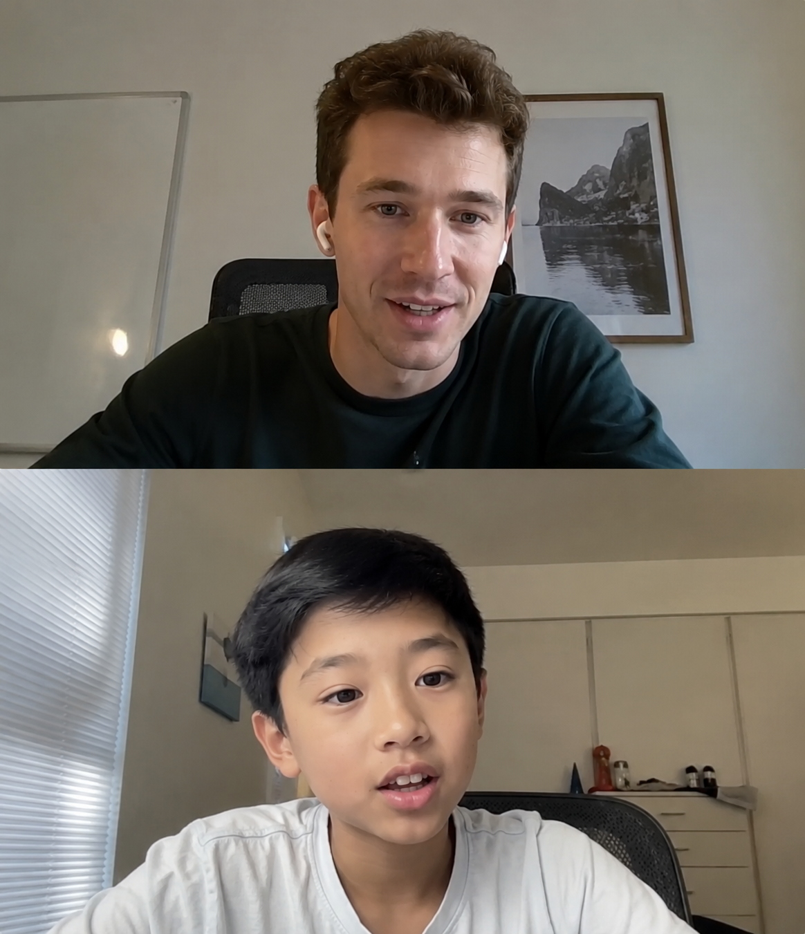 A virtual one-on-one session: a coach on the top half of a video call and a young student speaking on the bottom half