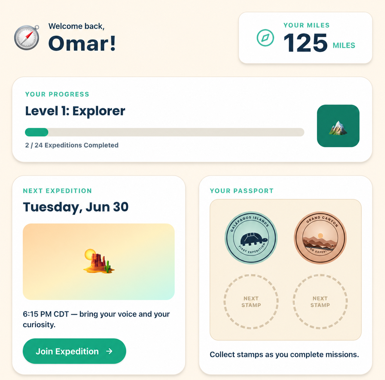 The Odyssey student portal, showing a child's progress, next expedition, and collected passport stamps