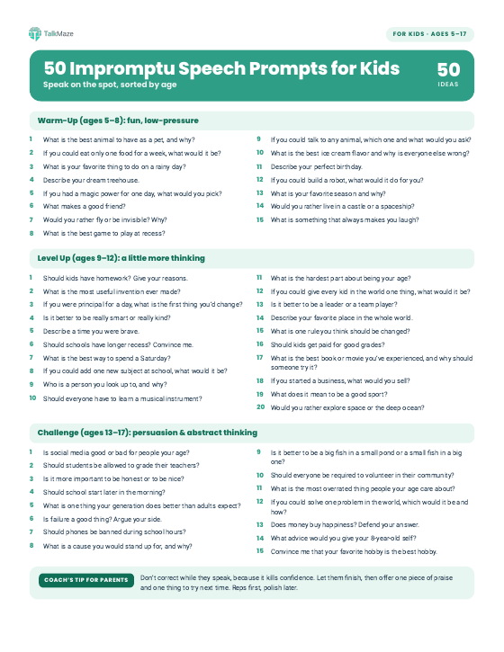 Preview of the 50 Impromptu Speech Prompts for Kids printable