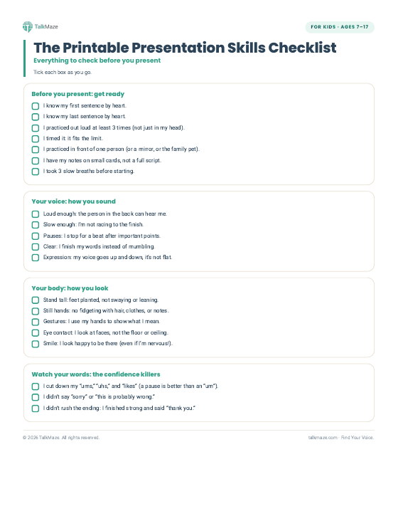 Preview of the The Printable Presentation Skills Checklist printable