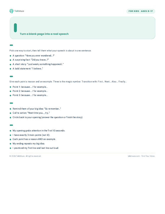 Preview of the Speech Structure Worksheet: Intro → Body → Close printable